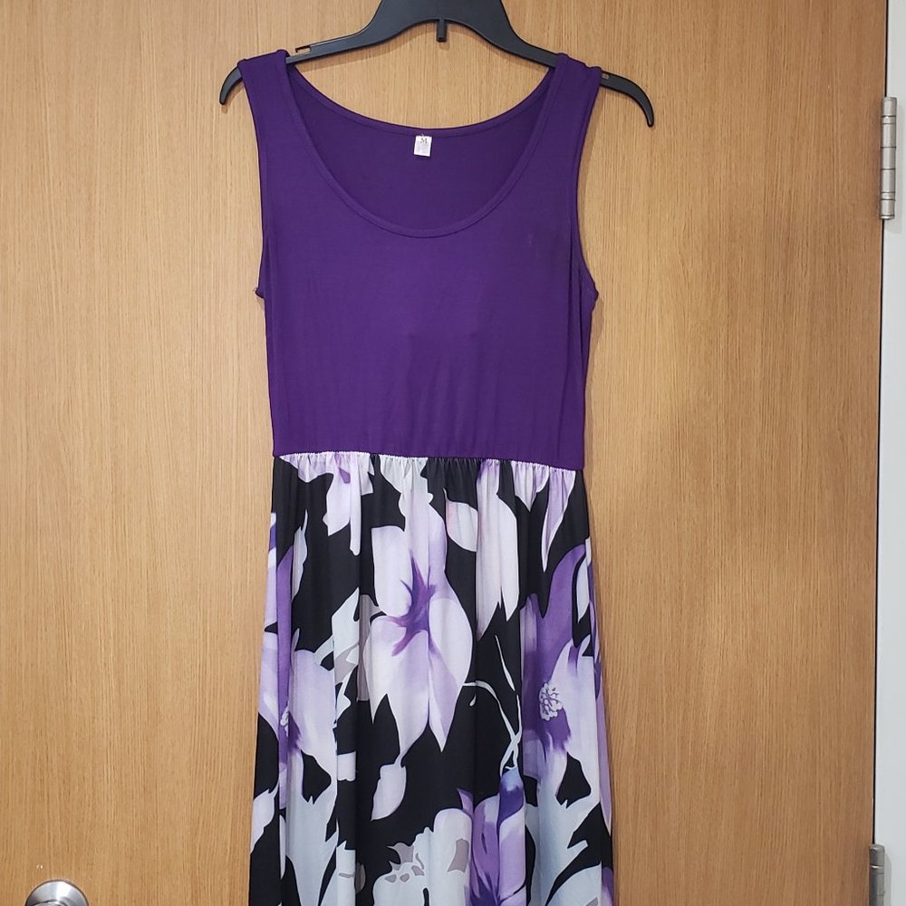 Blue Time, purple floral sleeveless maxi dress, medium, fit & flare